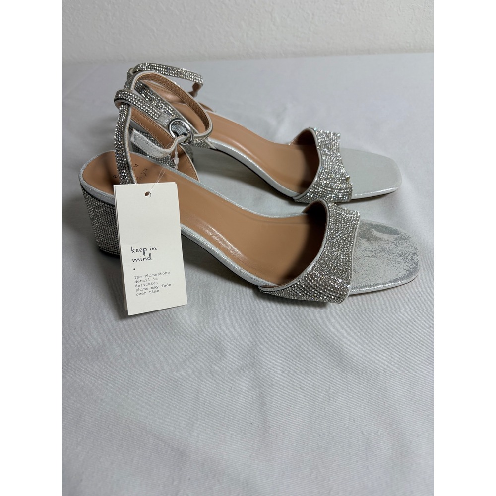 A New Day Shannon Block Heel Sandal 9.5 Silver New Rhinestone Square Toe Formal